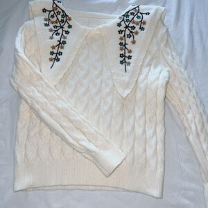 J.ing Embroidered Floral Collar Cable Knit Sweater Ivory One Size